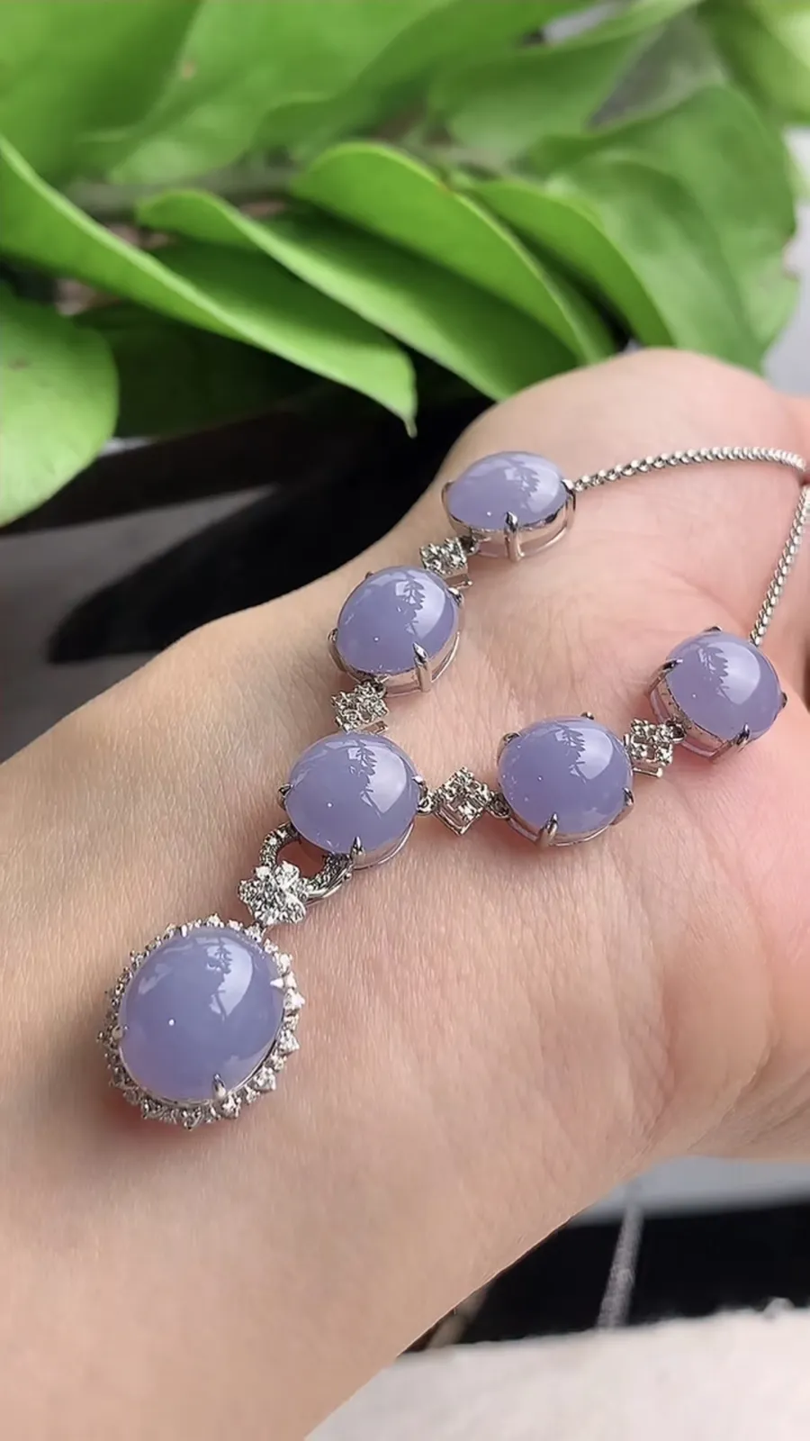 a货翡翠老坑冰种18K金伴钻镶嵌紫罗兰蛋面项链 尺寸10×9×9mm 重量8.82g 1215