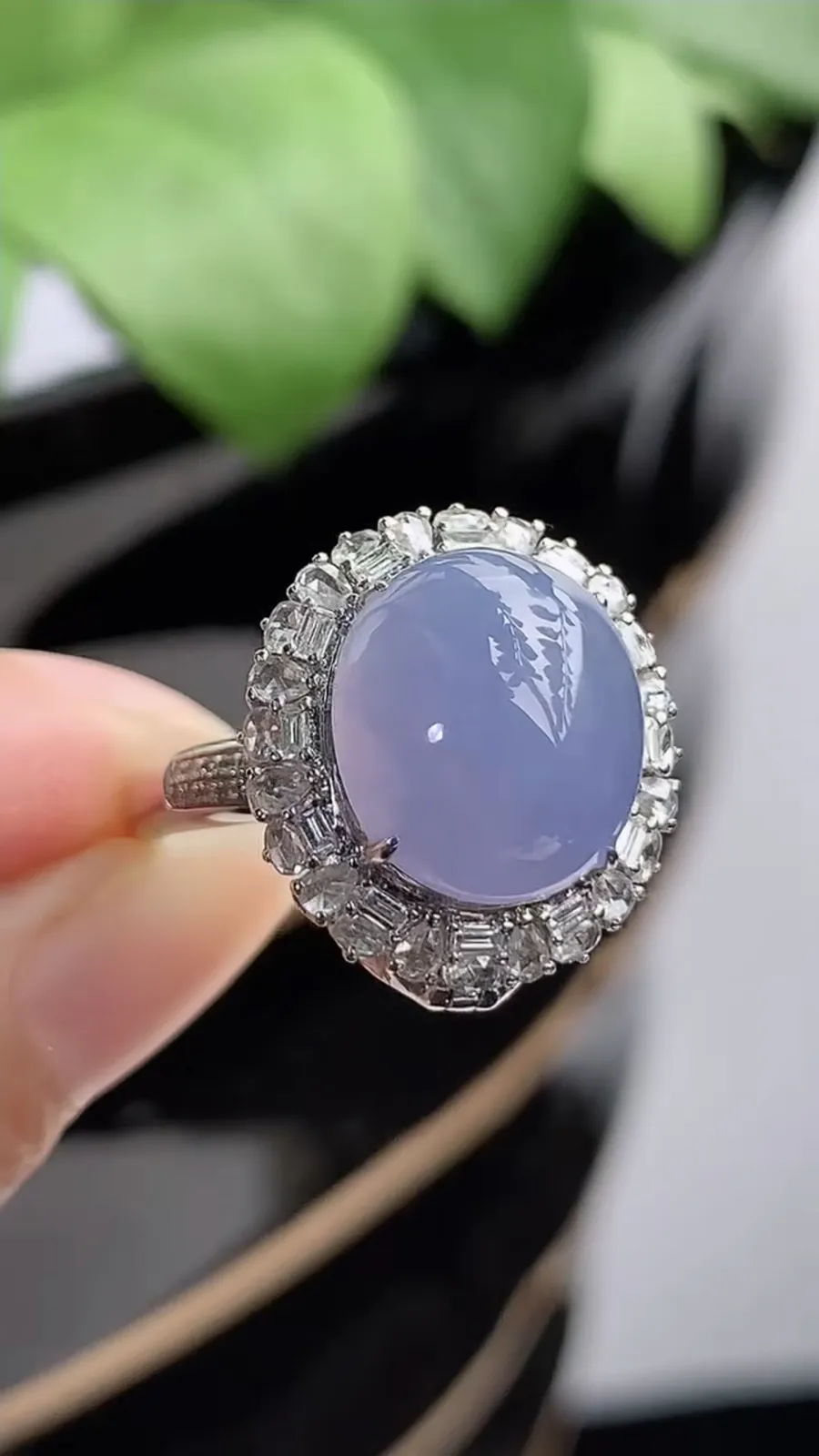 a货翡翠冰种18K金伴钻镶嵌紫罗兰蛋面戒指吊坠两用款 圈口17裸石尺寸12×10.8mm 重量6.83g 1216