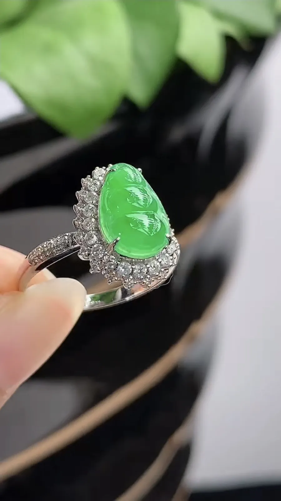 a货翡翠冰种18K金伴钻镶嵌阳绿四季豆福豆平安豆戒指 圈口17.3裸石尺寸11×7mm 重量2.85g 1216