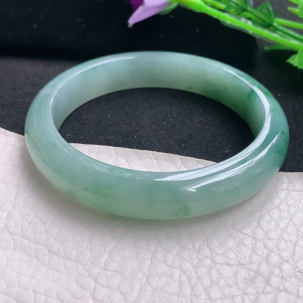 nc自然光57*12*8.3平安镯 缅甸翡翠玉手镯冰飘花秀气宽边玉手环