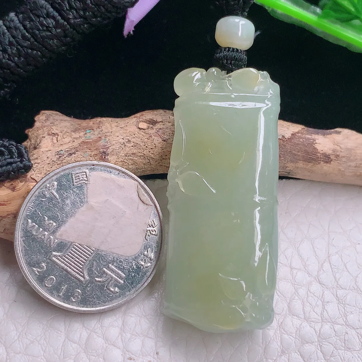 yl实拍43.6*18*9.5天然翡翠a货冰黄翡竹节吊坠 节节高升项坠