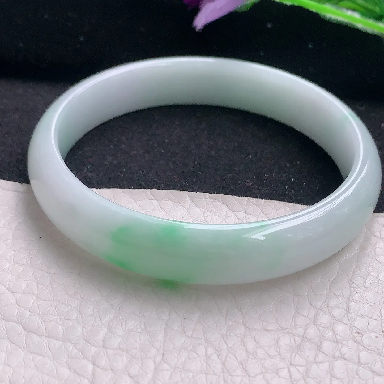 jm大圈口60*12*7平安镯 缅甸翡翠A货飘绿宽边玉手镯玉手环