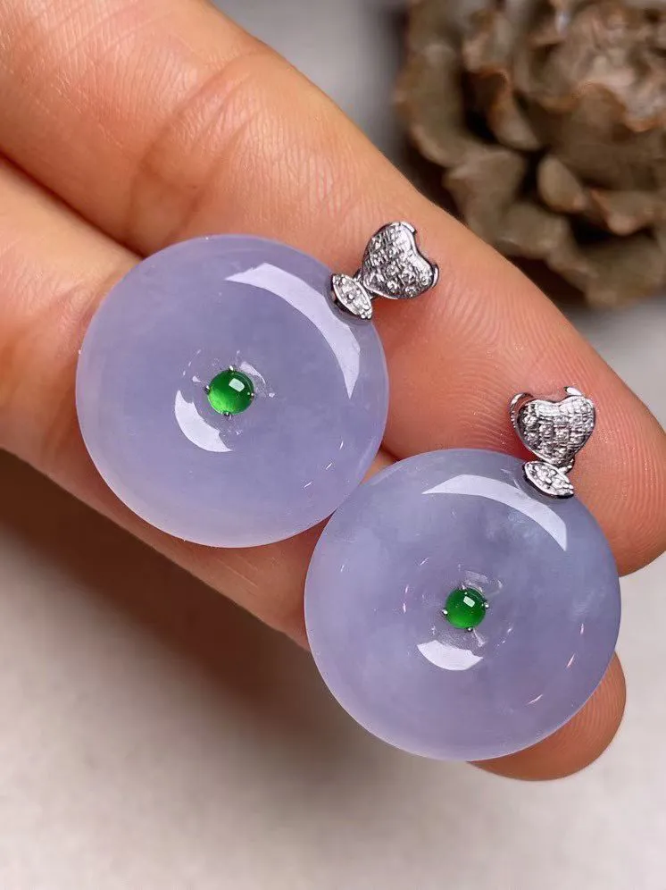 冰糯种紫罗兰一对平安扣吊坠、真金真钻镶嵌，种水好，玉质细腻 .裸石尺寸 20.2