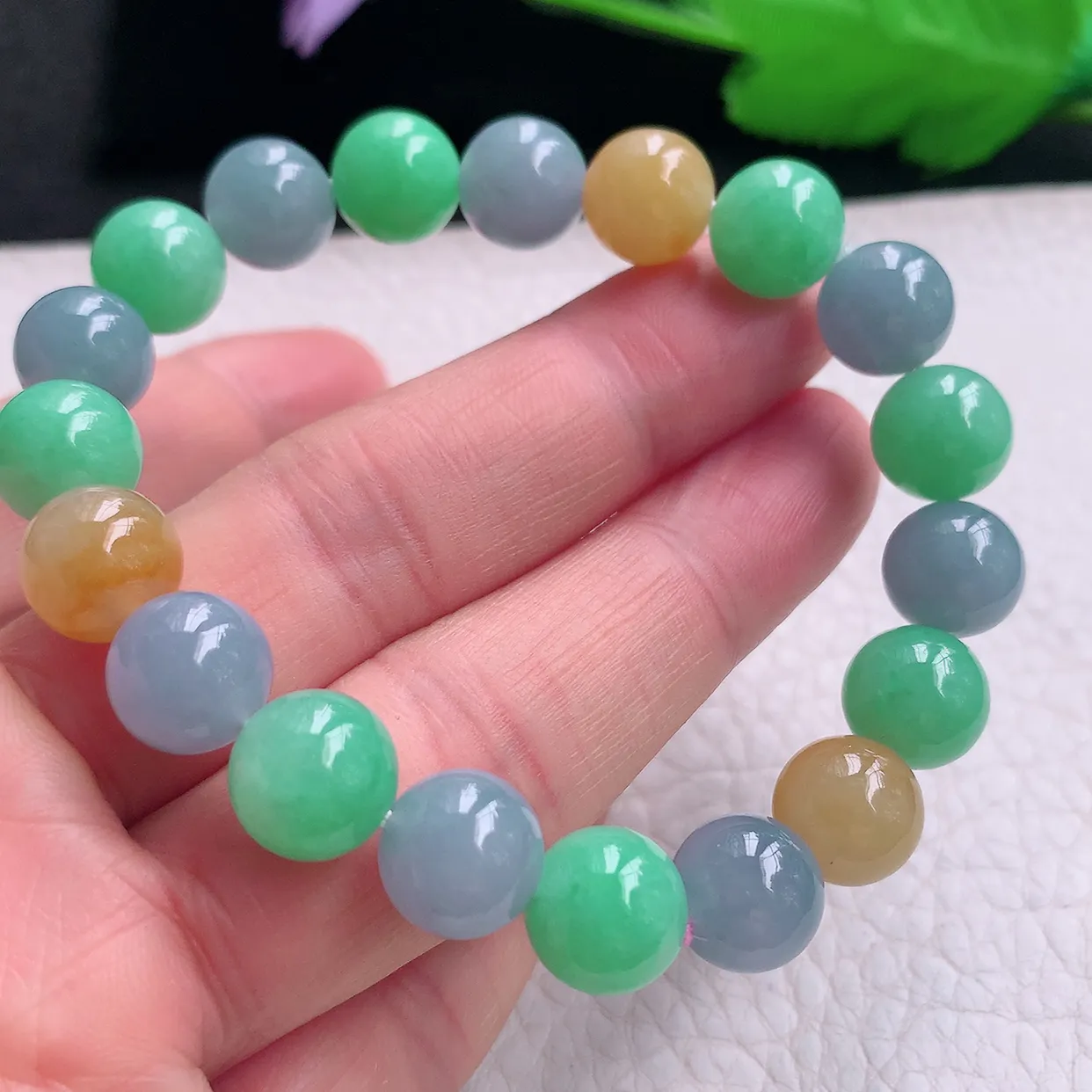 lz实拍10mm天然翡翠a货三彩圆珠手链多宝紫黄绿珠手串 女生珠串