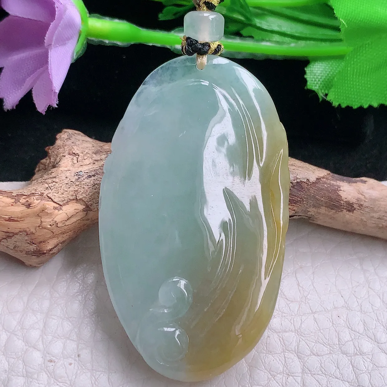 yl实拍51.2*30.3*9.2天然翡翠a货冰黄布袋佛吊坠冰透精雕大肚弥勒佛玉坠