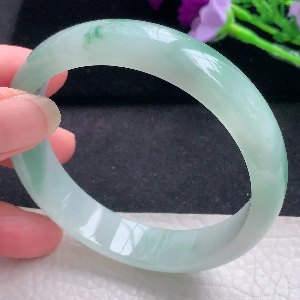 fy自然光59*14*7平安镯 缅甸翡翠a货玉手镯冰飘花宽边玉手环