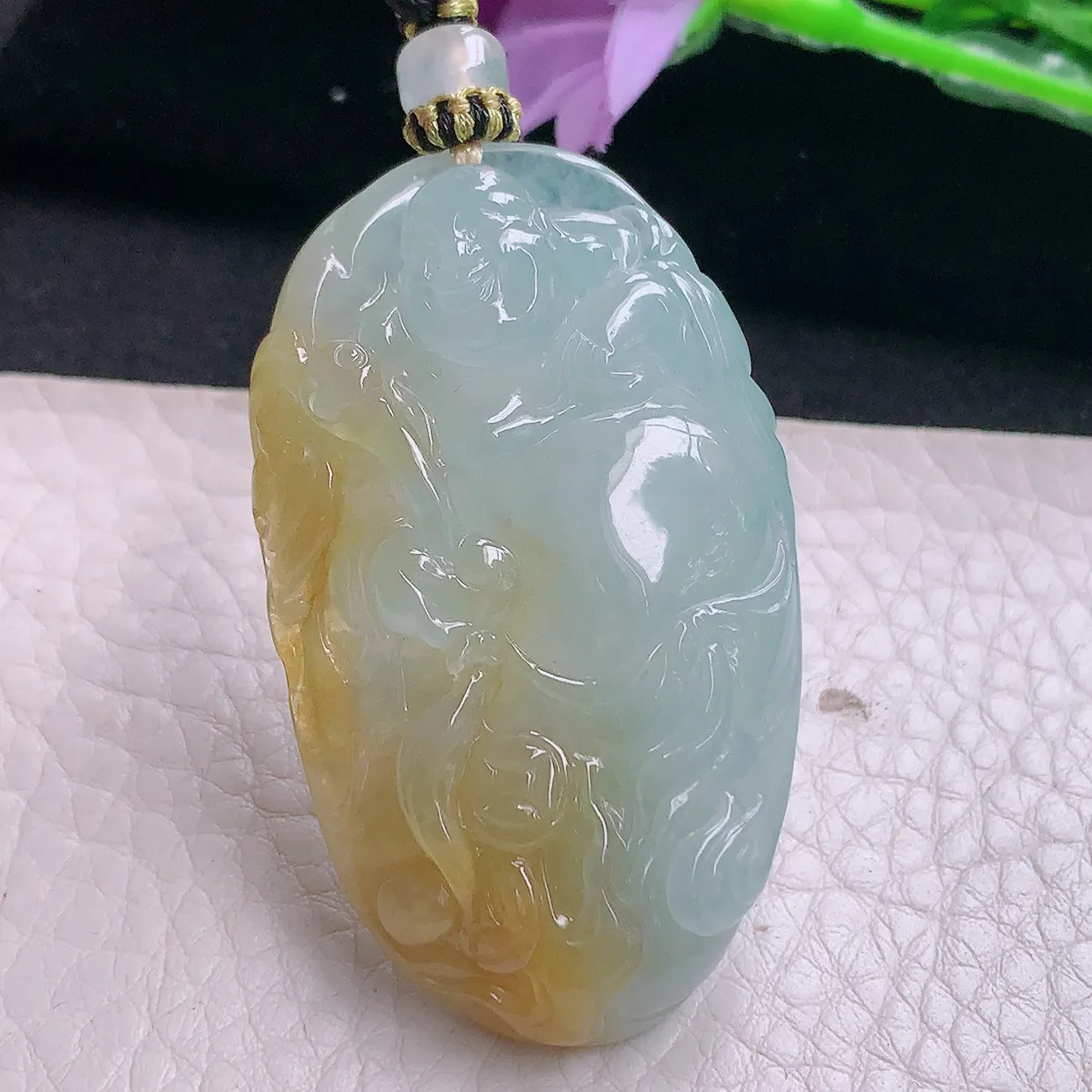 yl实拍51.2*30.3*9.2天然翡翠a货冰黄布袋佛吊坠冰透精雕大肚弥勒佛玉坠
