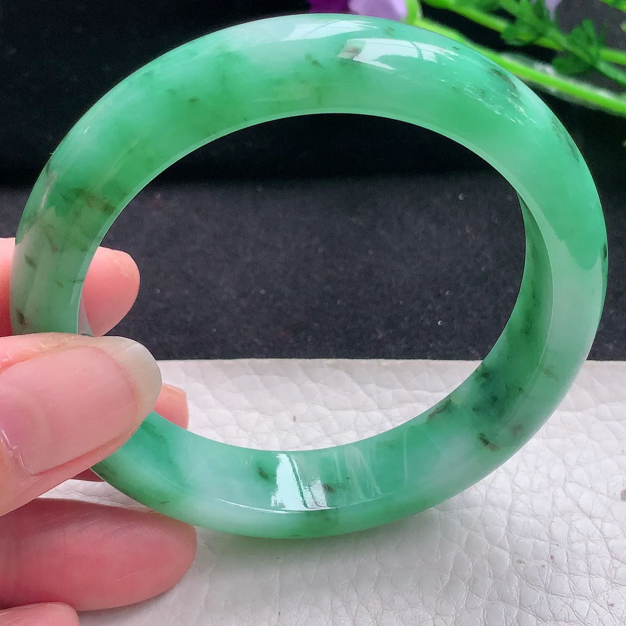 yh自然光57*13.2*8.3平安镯 翡翠玉手镯水润满绿宽边玉手环 美人镯