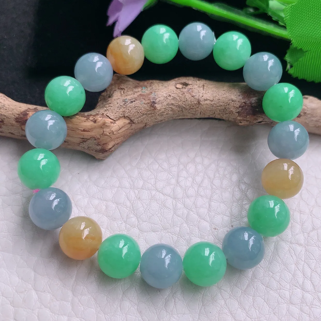 lz实拍10mm天然翡翠a货三彩圆珠手链多宝紫黄绿珠手串 女生珠串