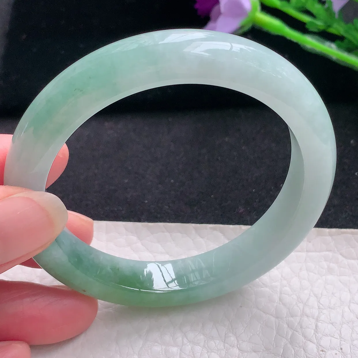 js自然光55*11*8.3平安镯 缅甸翡翠a货水润半山水宽边玉手镯玉手环