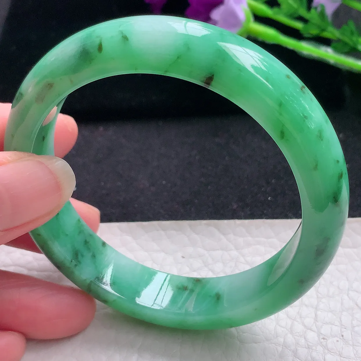 yh自然光57*13.2*8.3平安镯 翡翠玉手镯水润满绿宽边玉手环 美人镯
