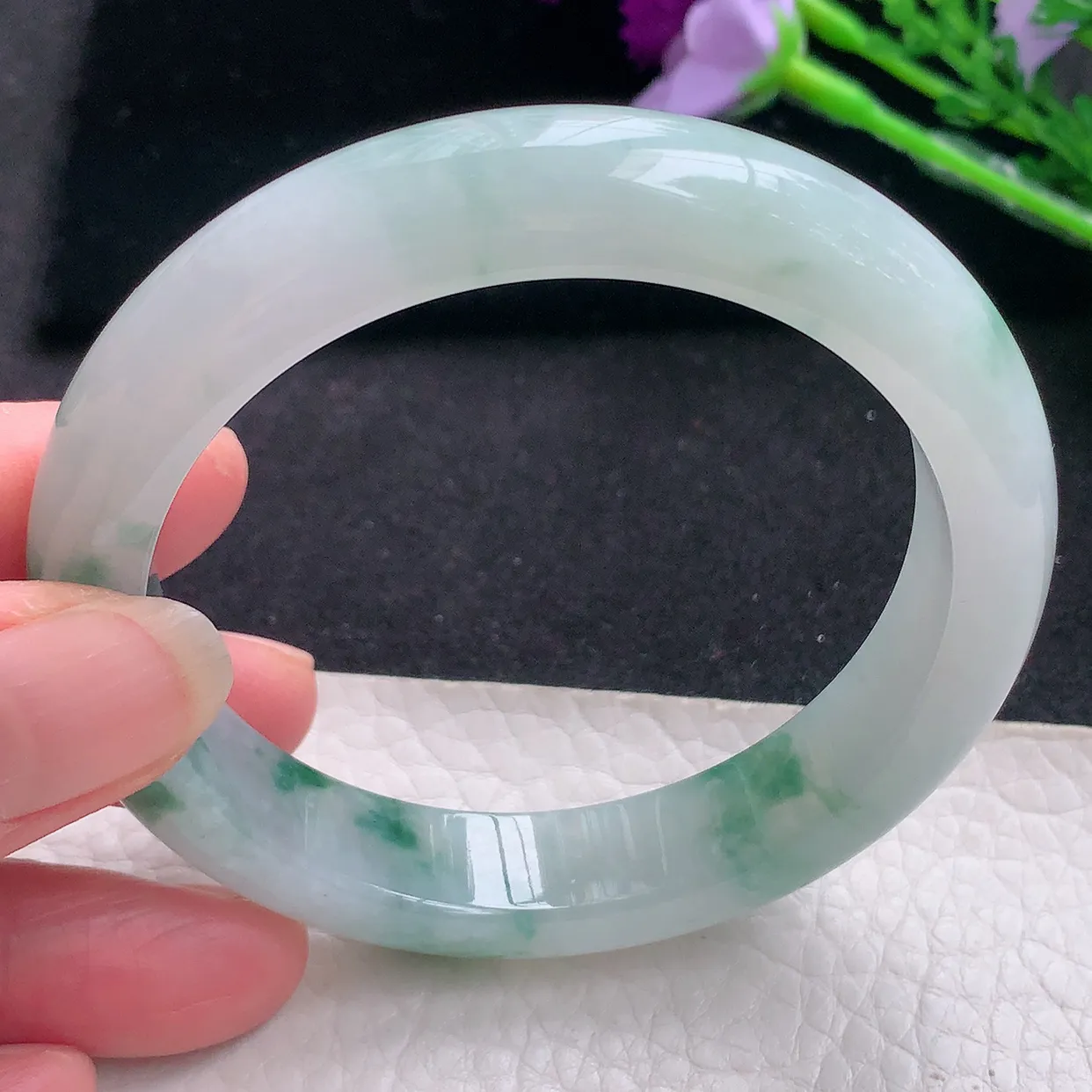 nr自然光57*12.3*8.5平安镯 缅甸翡翠a货冰飘花宽边玉手镯玉手环