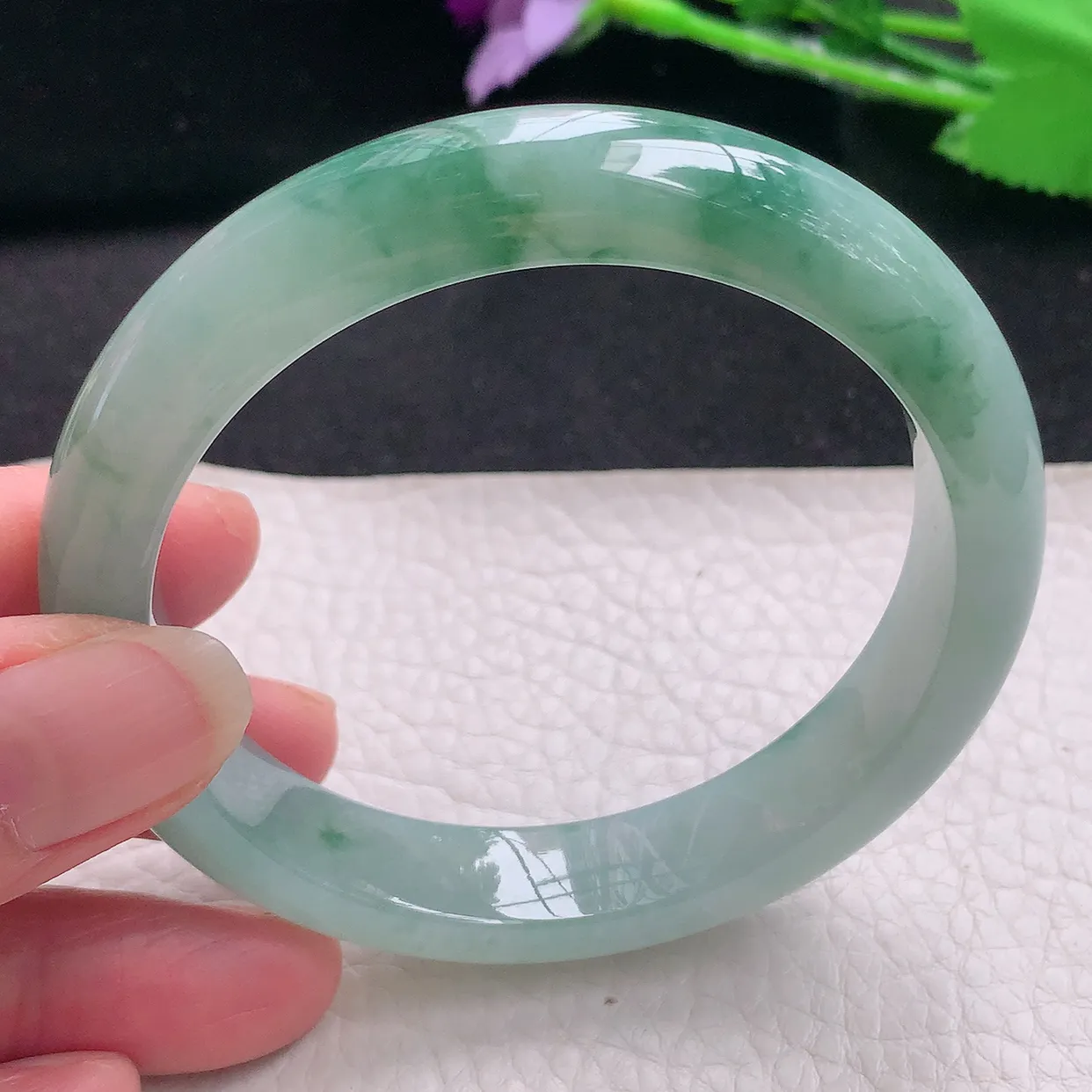 nc自然光57*12*8.3平安镯 缅甸翡翠玉手镯冰飘花秀气宽边玉手环