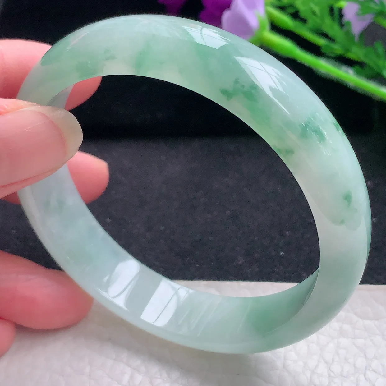 fy自然光59*14*7平安镯 缅甸翡翠a货玉手镯冰飘花宽边玉手环