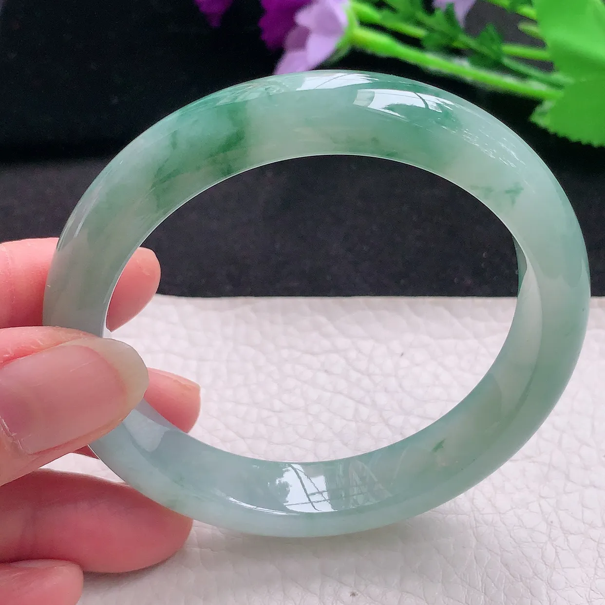 nc自然光57*12*8.3平安镯 缅甸翡翠玉手镯冰飘花秀气宽边玉手环