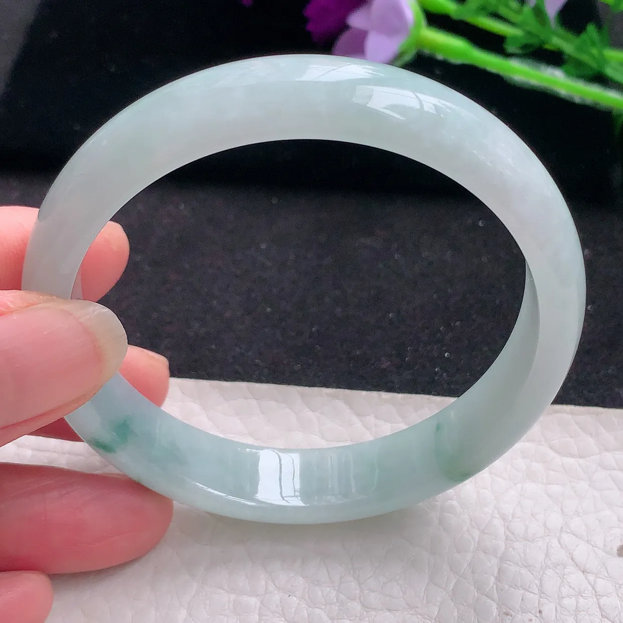 jm自然光56.7*12*6.3平安镯 缅甸翡翠A货飘花宽边玉手镯玉手环