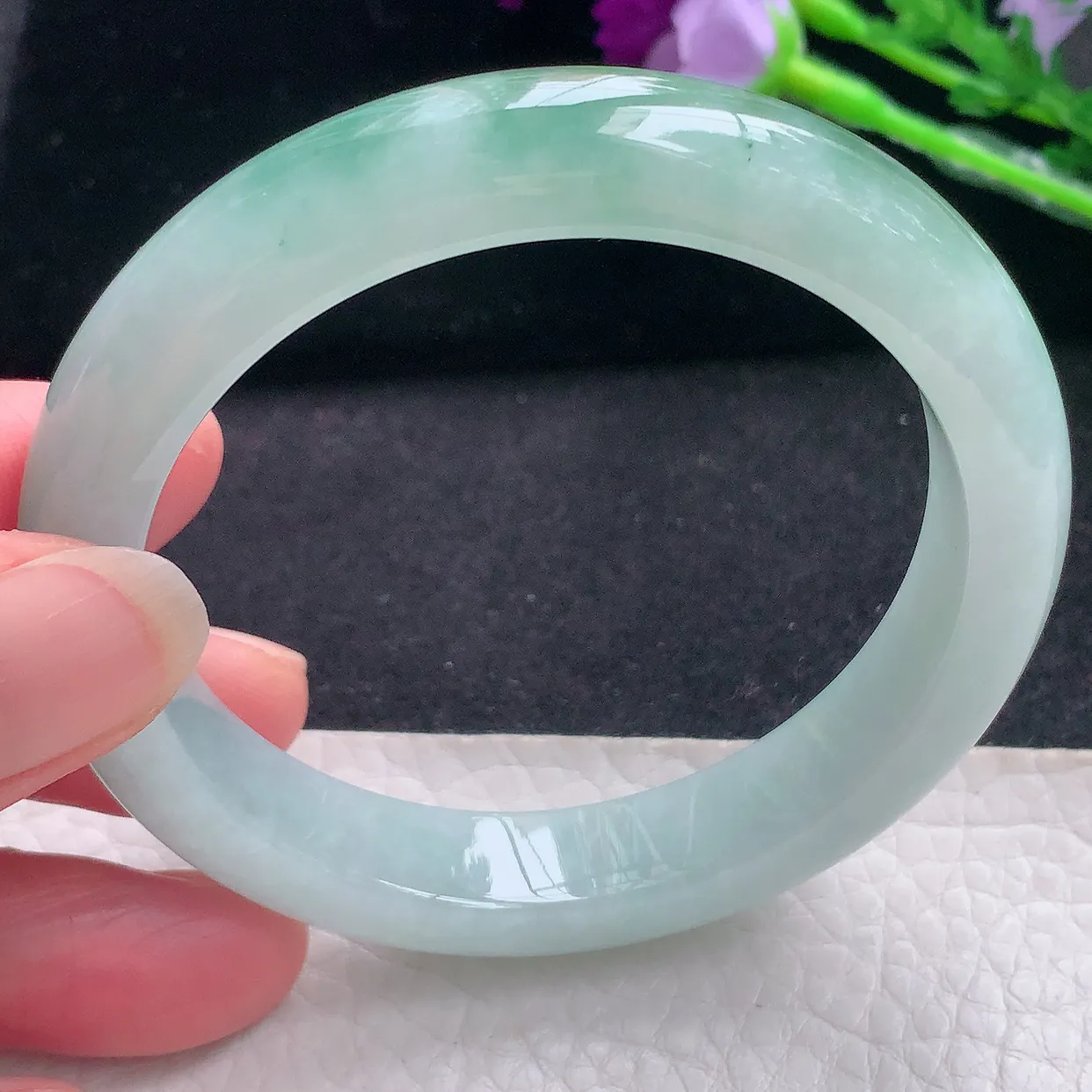 js自然光55*11*8.3平安镯 缅甸翡翠a货水润半山水宽边玉手镯玉手环