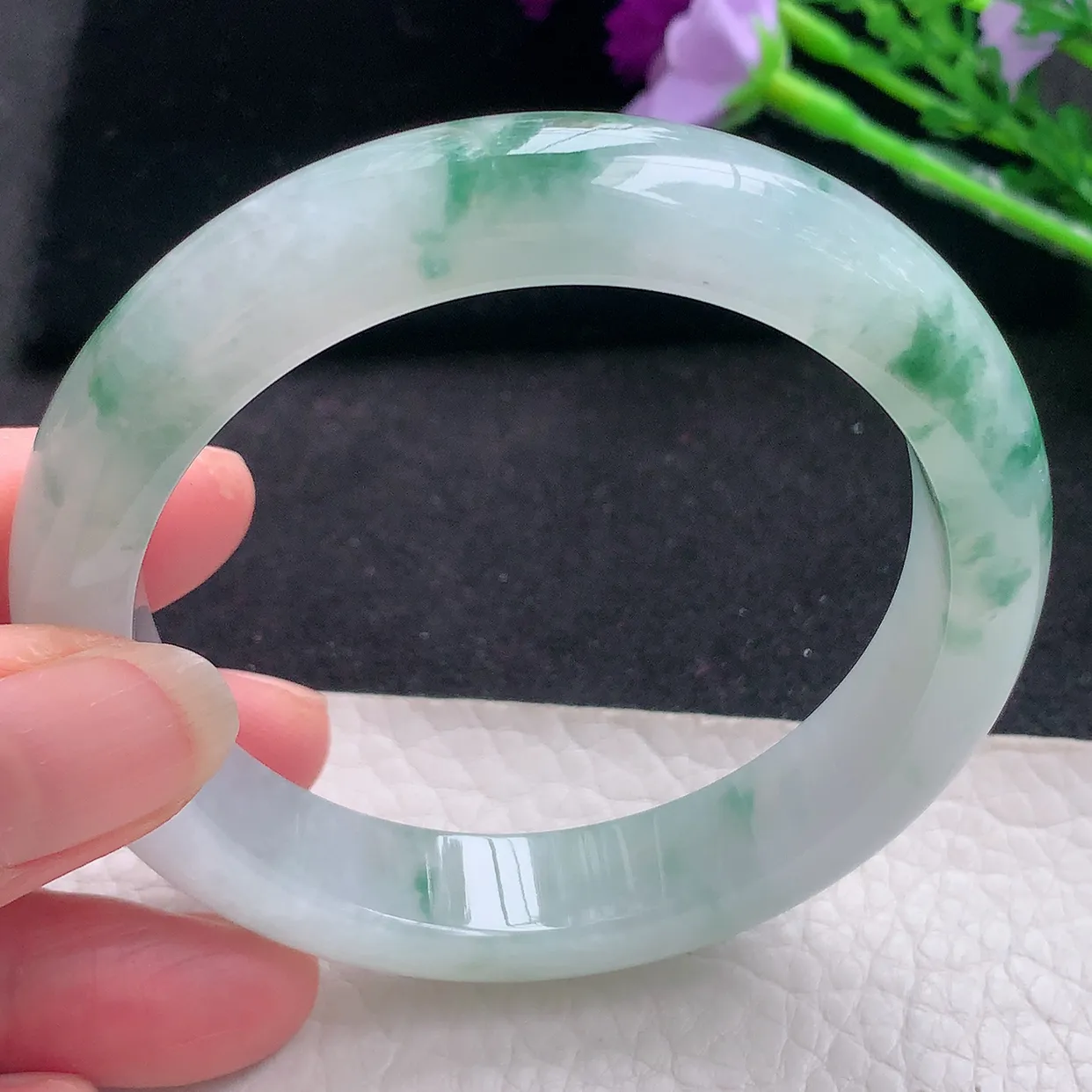 nr自然光57*12.3*8.5平安镯 缅甸翡翠a货冰飘花宽边玉手镯玉手环