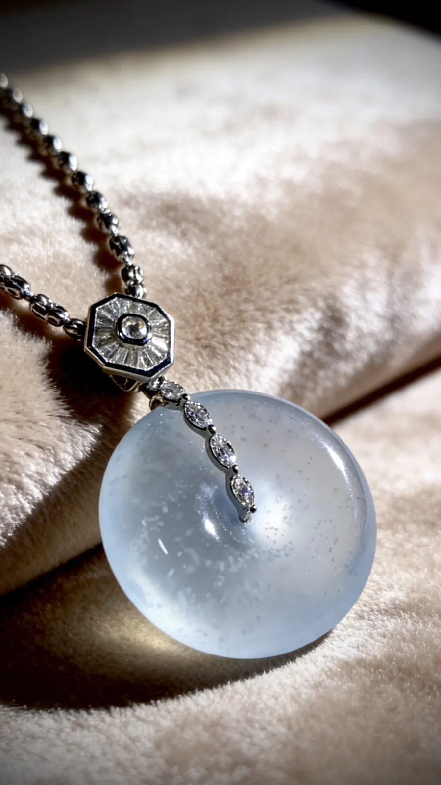 【平安顺遂】，木那雪花料厚装平安扣子，
38.5-裸石25.2-7.5mm，10.98g，
18K金，南非钻，不配链