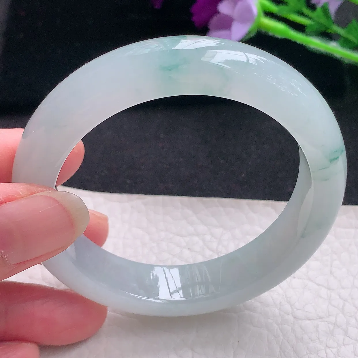 xo自然光54*12.8*9平安镯 缅甸翡翠A货冰飘花宽边玉手镯玉手环