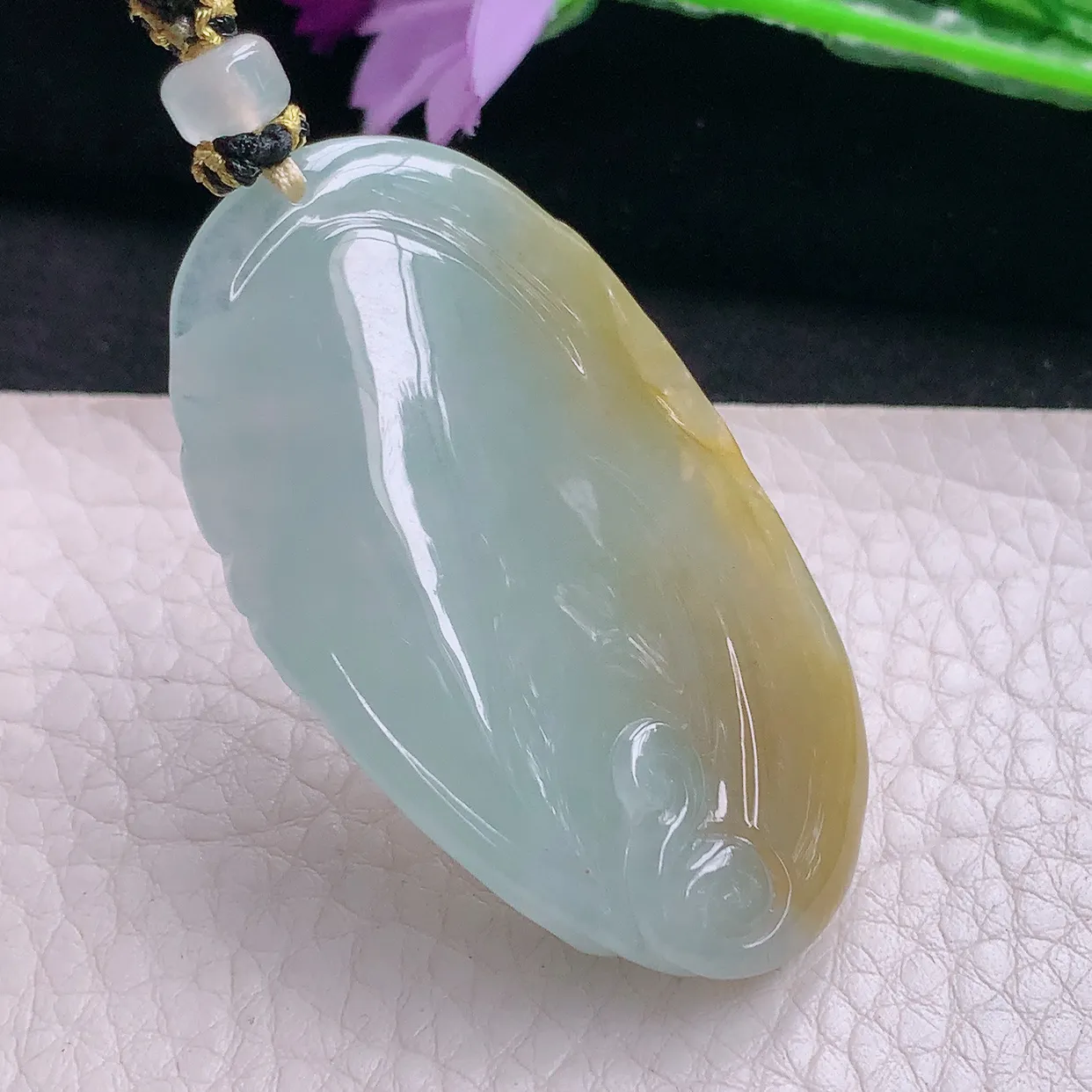 yl实拍51.2*30.3*9.2天然翡翠a货冰黄布袋佛吊坠冰透精雕大肚弥勒佛玉坠