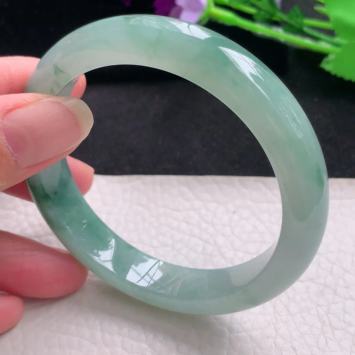 nc自然光57*12*8.3平安镯 缅甸翡翠玉手镯冰飘花秀气宽边玉手环