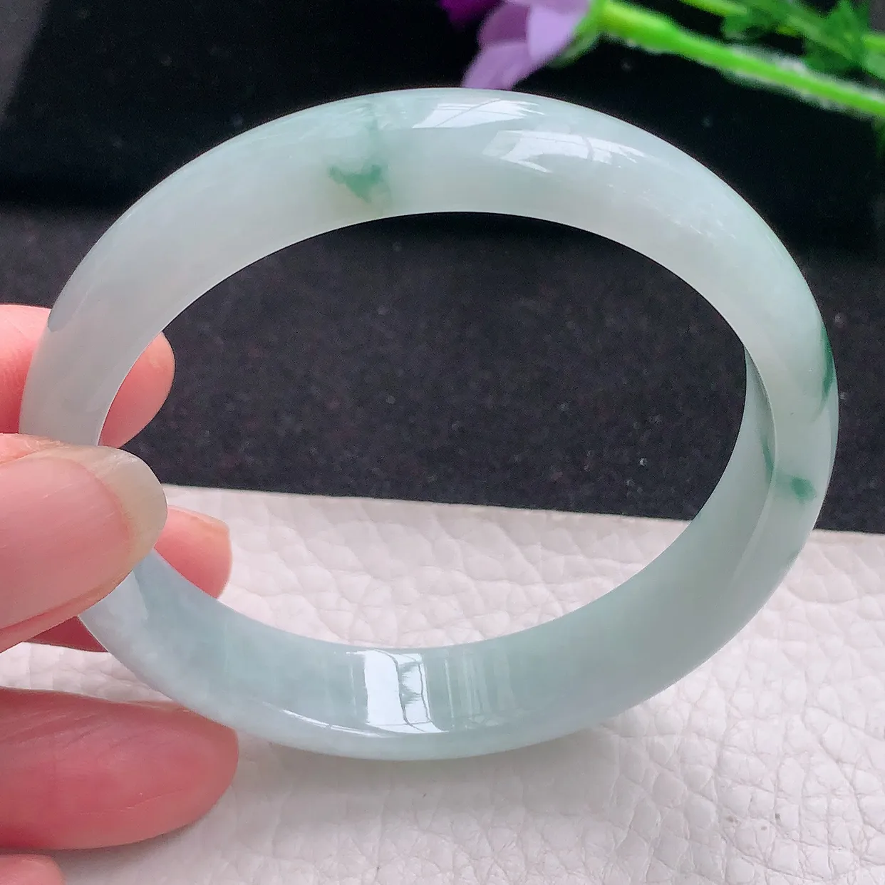 jm自然光56.7*12*6.3平安镯 缅甸翡翠A货飘花宽边玉手镯玉手环