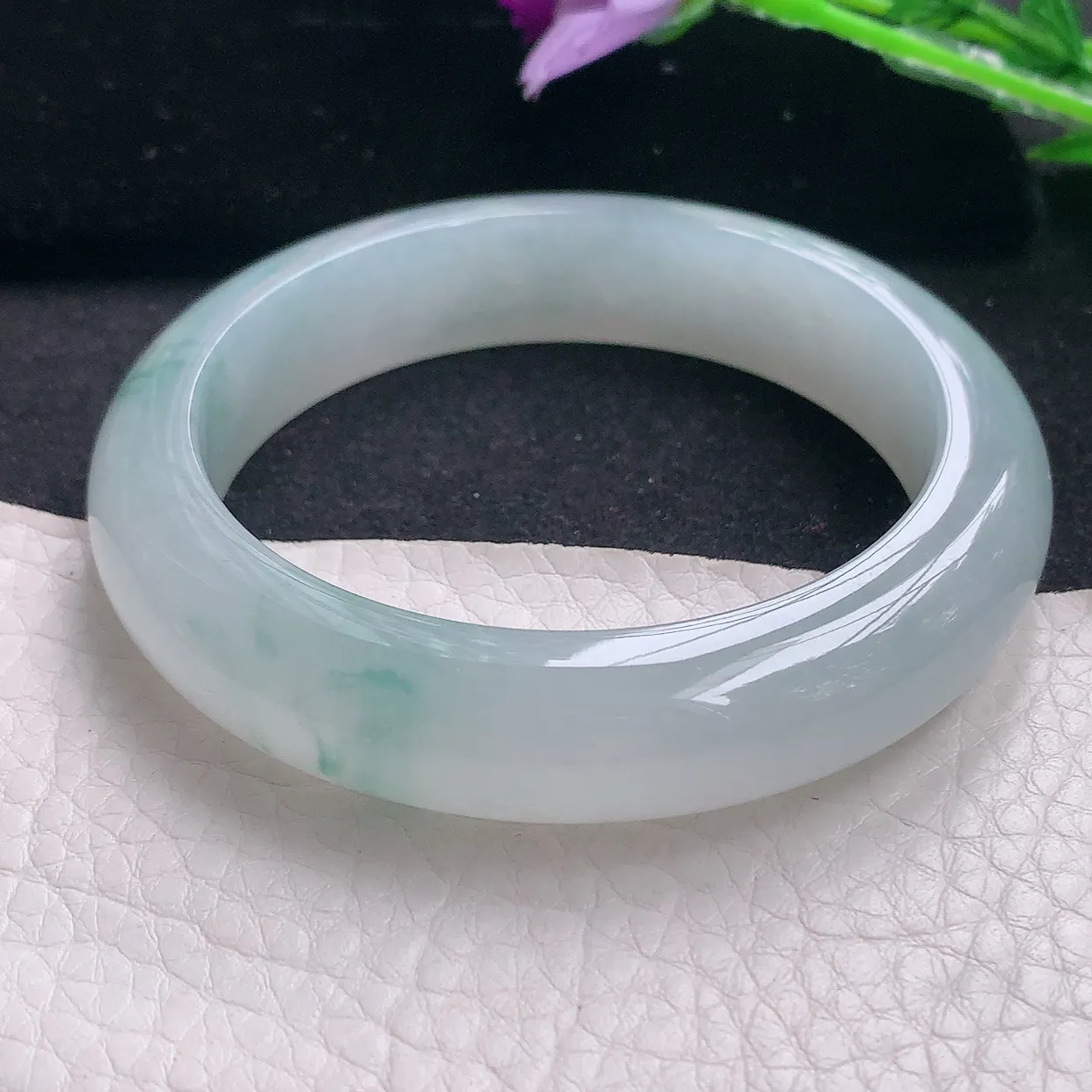 xo自然光54*12.8*9平安镯 缅甸翡翠A货冰飘花宽边玉手镯玉手环