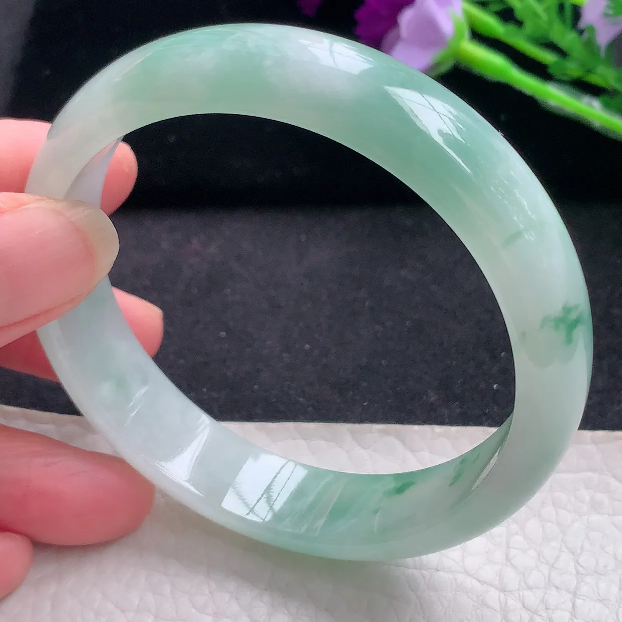 fy自然光59*14*7平安镯 缅甸翡翠a货玉手镯冰飘花宽边玉手环
