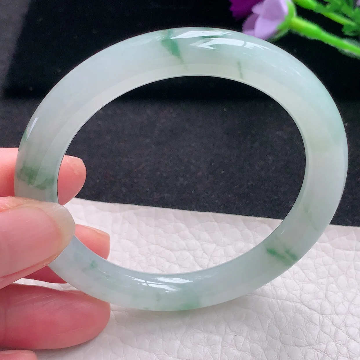 xd自然光53.8*9*8.6美人镯 缅甸翡翠a货玉手镯冰飘花圆条玉手环