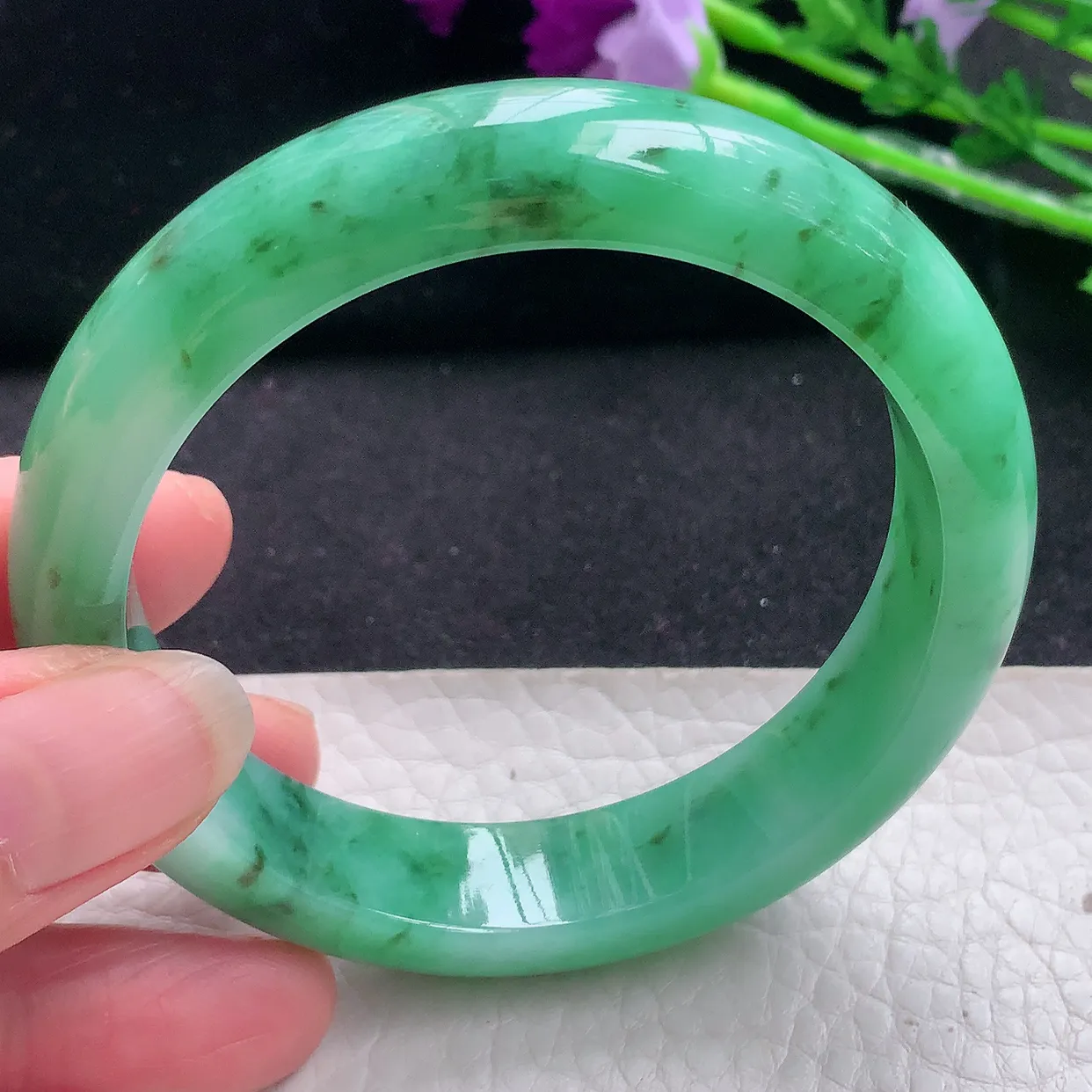 yh自然光57*13.2*8.3平安镯 翡翠玉手镯水润满绿宽边玉手环 美人镯