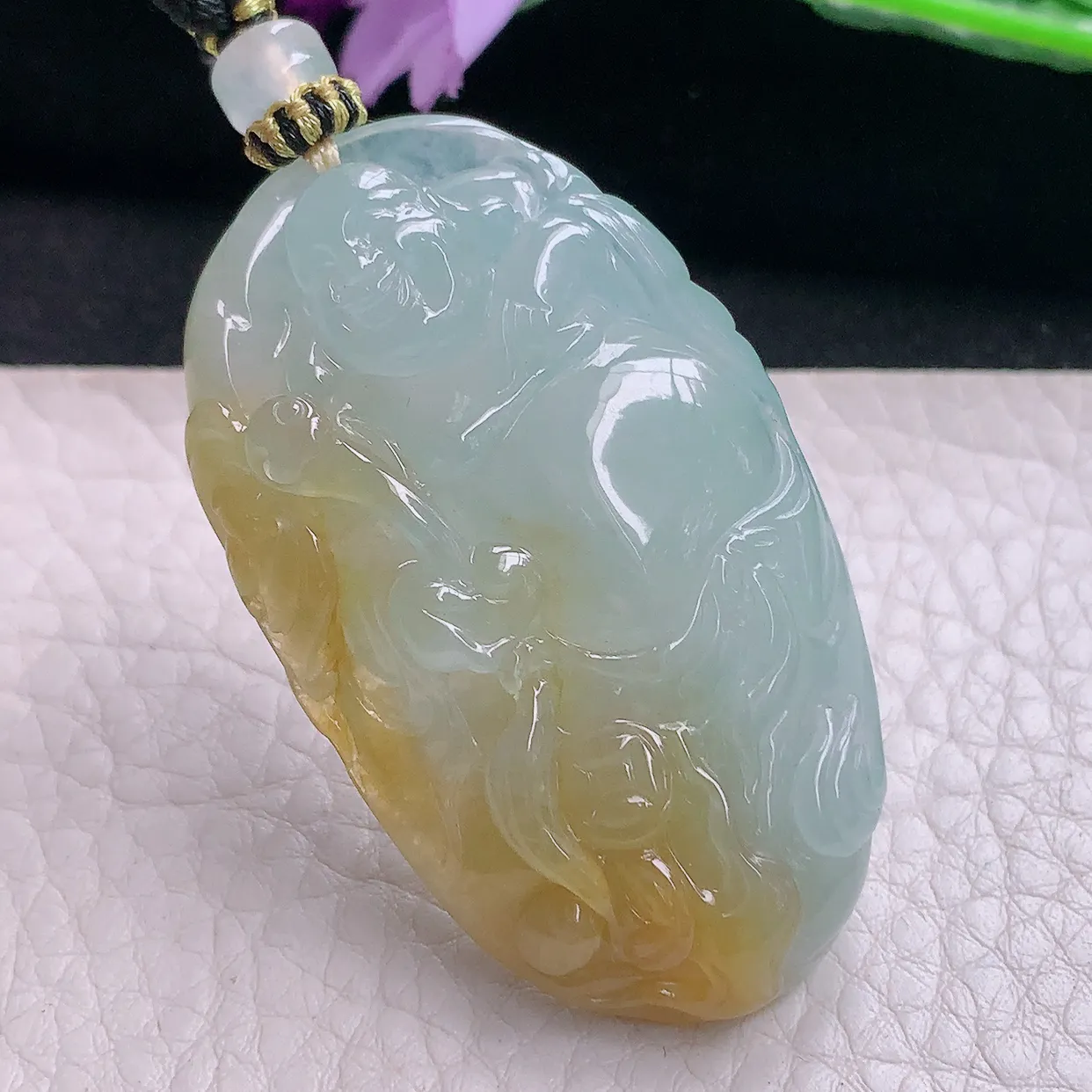 yl实拍51.2*30.3*9.2天然翡翠a货冰黄布袋佛吊坠冰透精雕大肚弥勒佛玉坠