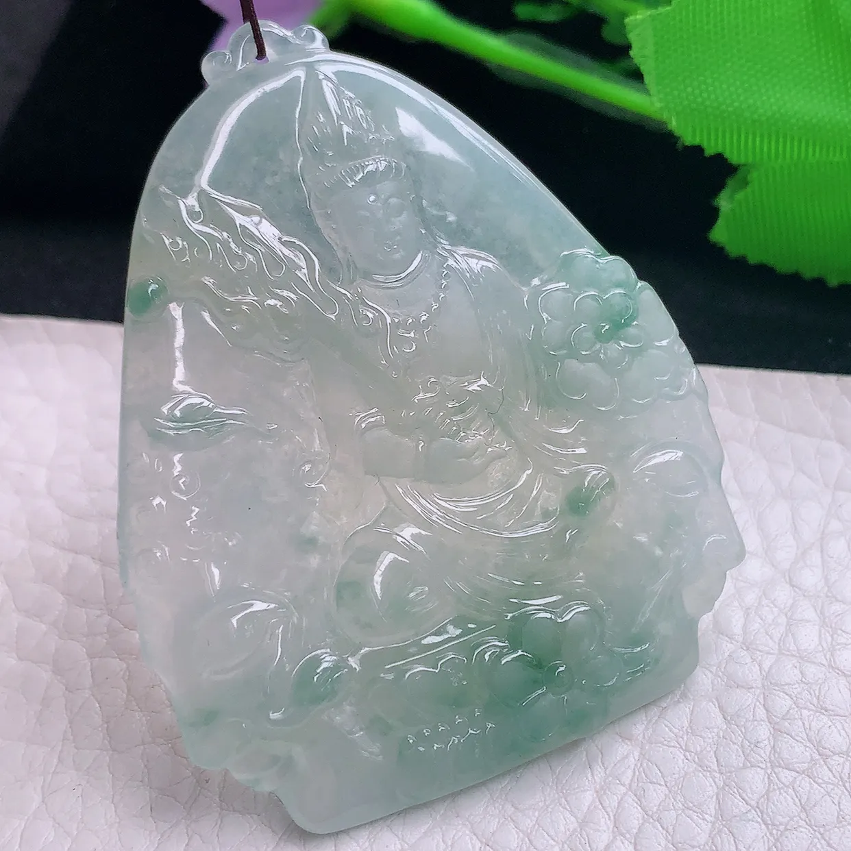 Lz实拍59.5*47.8*5.5缅甸天然翡翠虚空藏菩萨吊坠 生肖守护神玉坠