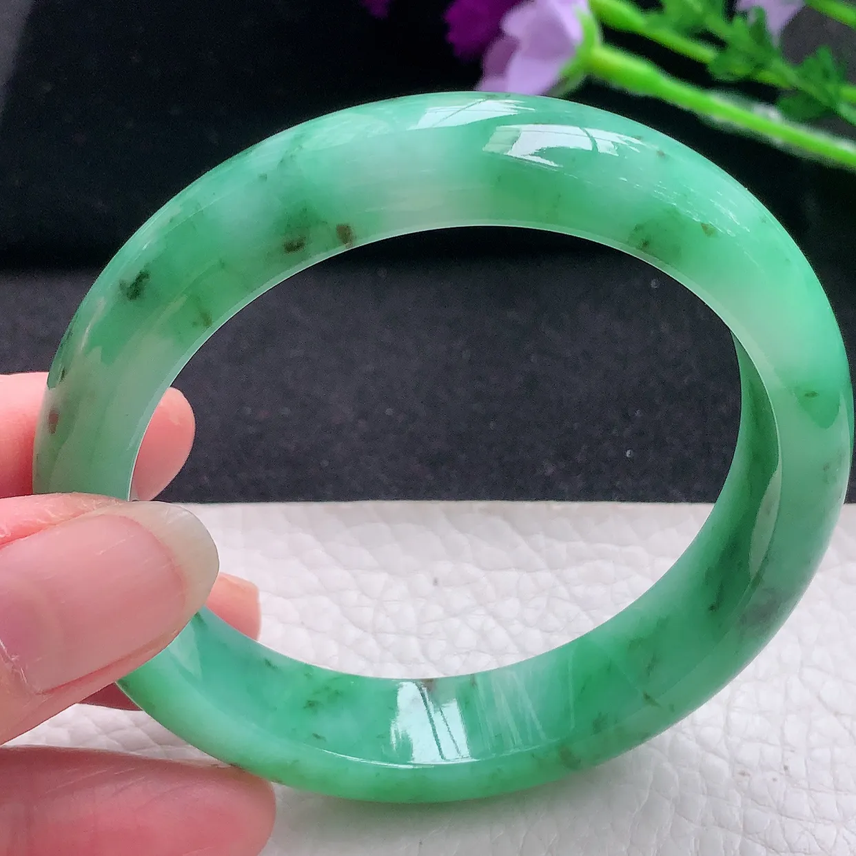 yh自然光57*13.2*8.3平安镯 翡翠玉手镯水润满绿宽边玉手环 美人镯