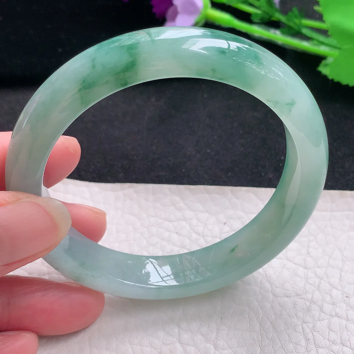 nc自然光57*12*8.3平安镯 缅甸翡翠玉手镯冰飘花秀气宽边玉手环