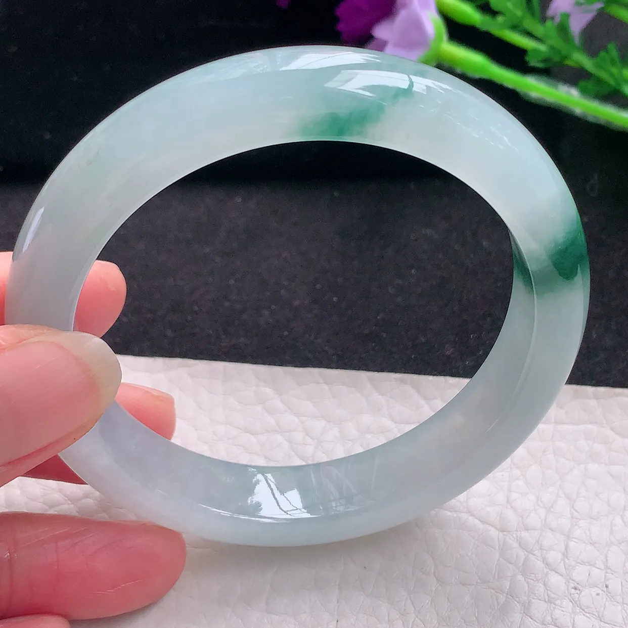 xd自然光57.5*12.5*8.5平安镯 缅甸翡翠a货玉手镯冰飘花宽边玉手环