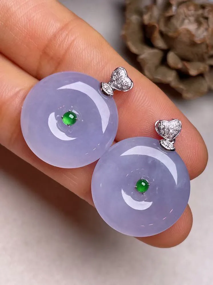 冰糯种紫罗兰一对平安扣吊坠、真金真钻镶嵌，种水好，玉质细腻 .裸石尺寸 20.2