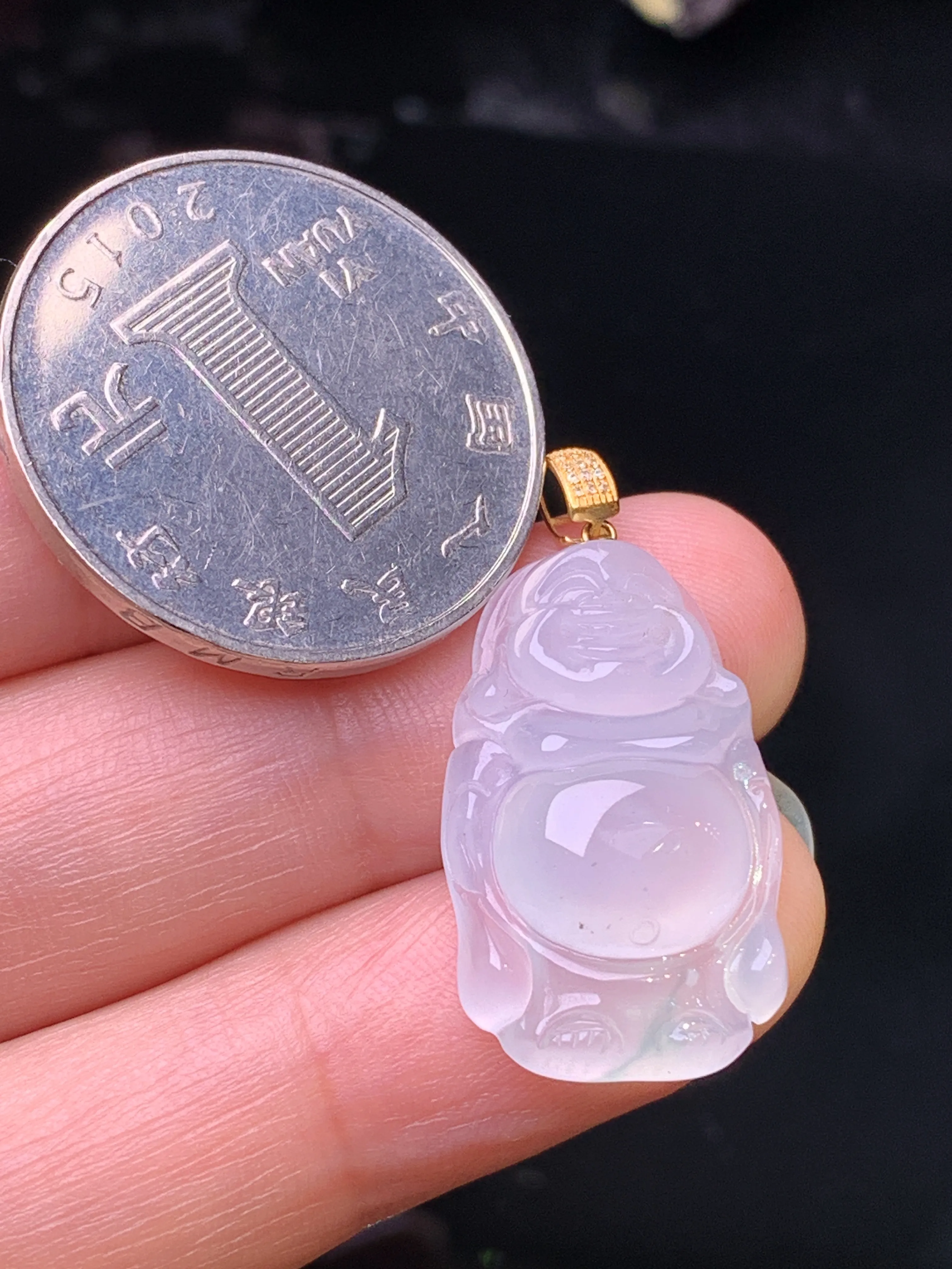 18k金镶嵌冰种佛公吊坠 玉质细腻 色泽清新艳丽 整体尺寸28.7*14.6*5.5