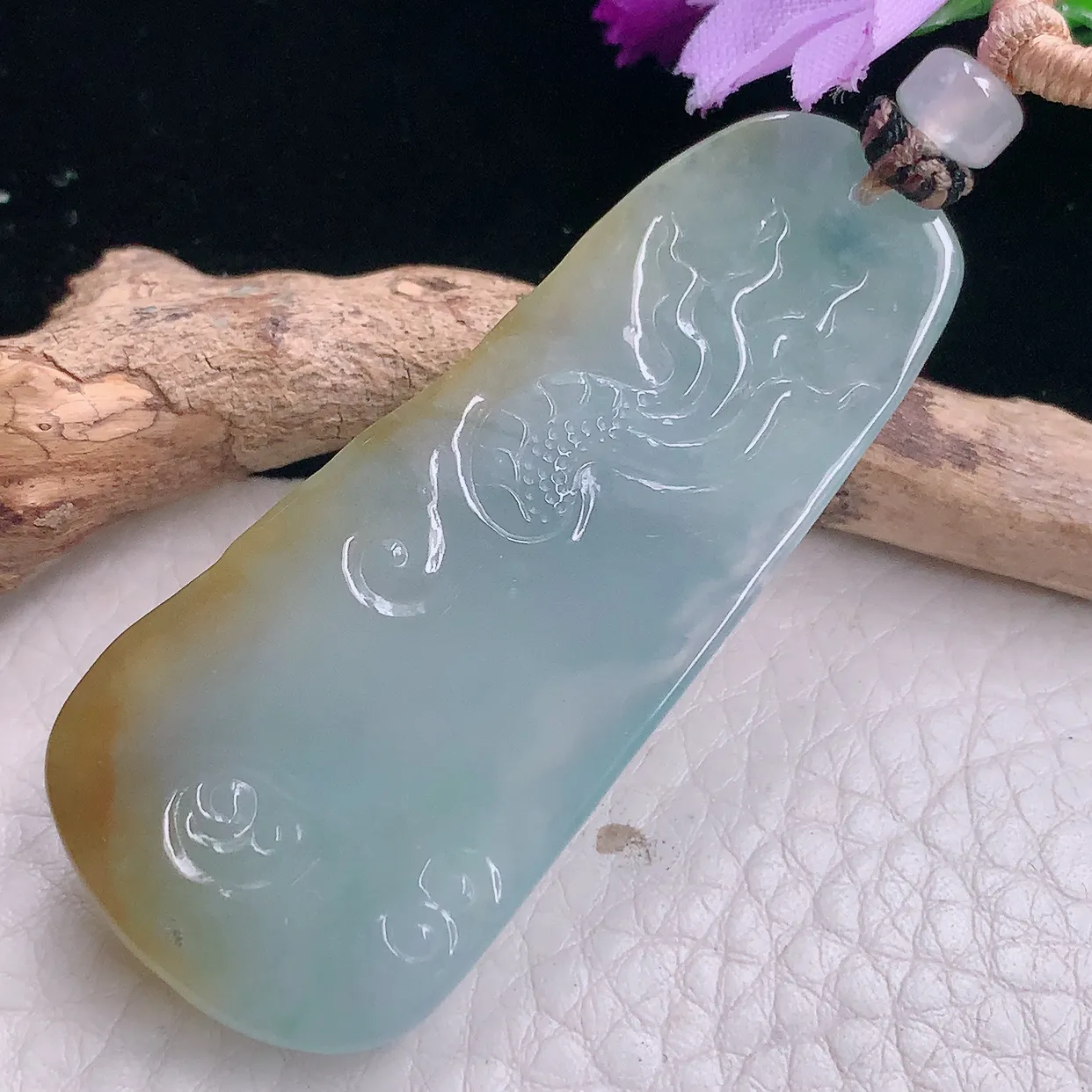 yl实拍57.5*25*7.2天然翡翠a货冰透俏黄龙牌吊坠精雕神龙戏珠玉坠