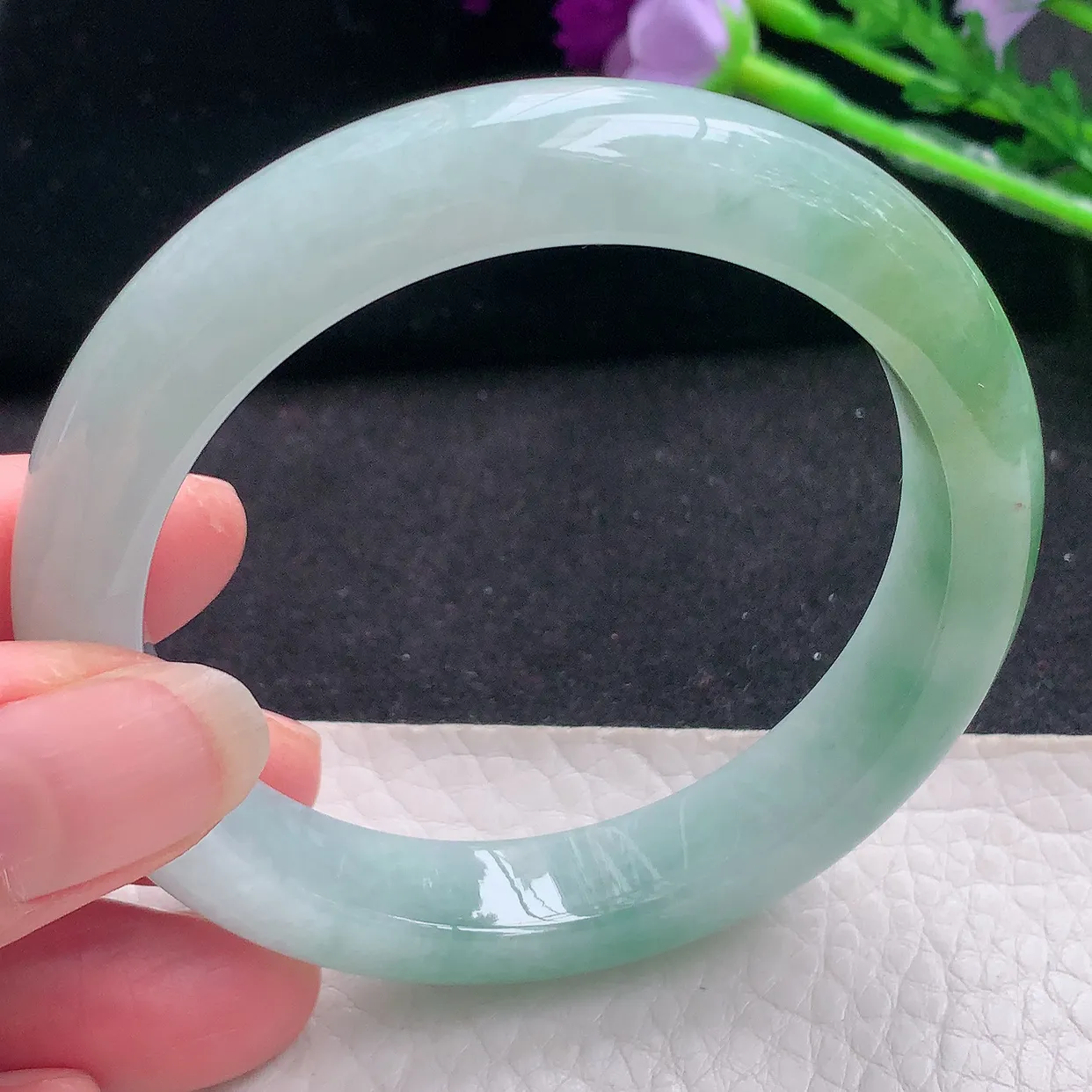 js自然光55*11*8.3平安镯 缅甸翡翠a货水润半山水宽边玉手镯玉手环