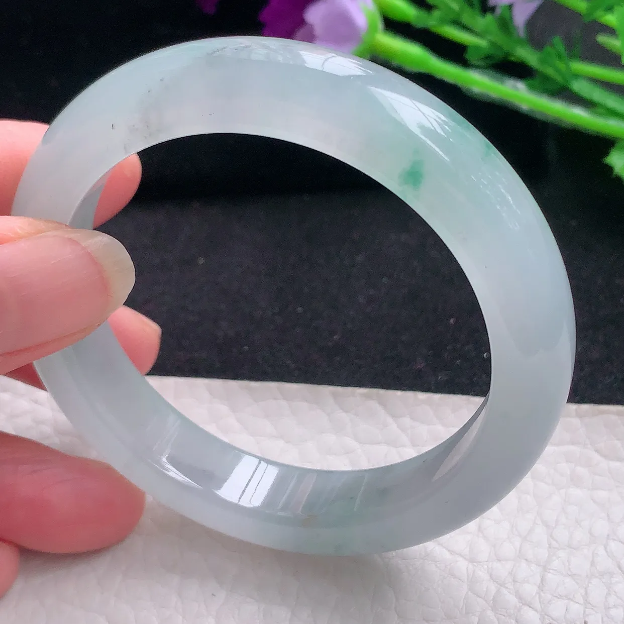 xo自然光53*11.6*8.3平安镯 缅甸翡翠A货冰飘绿花宽边玉手镯玉手环