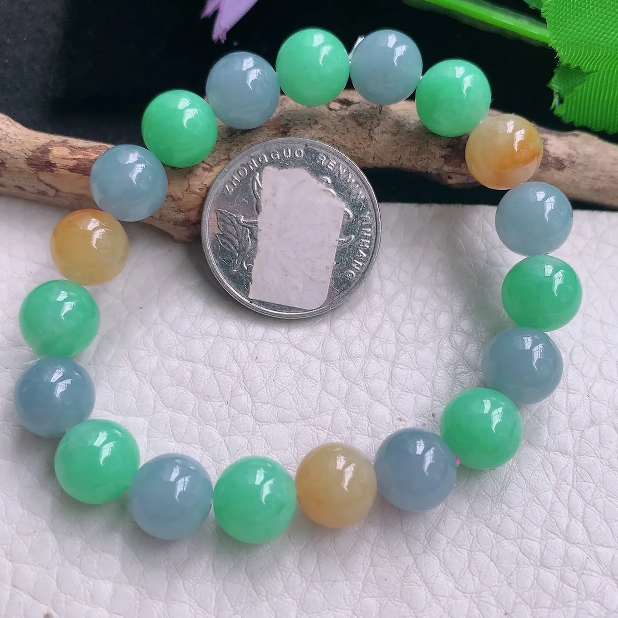 lz实拍10mm天然翡翠a货三彩圆珠手链多宝紫黄绿珠手串 女生珠串