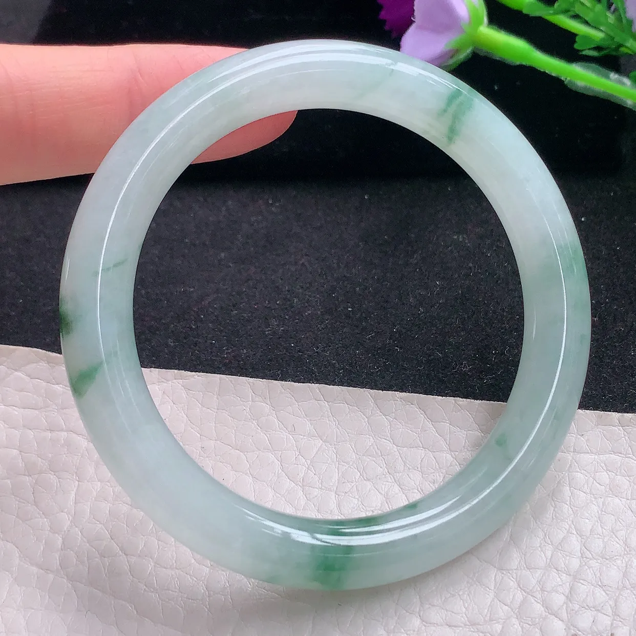 xd自然光53.8*9*8.6美人镯 缅甸翡翠a货玉手镯冰飘花圆条玉手环