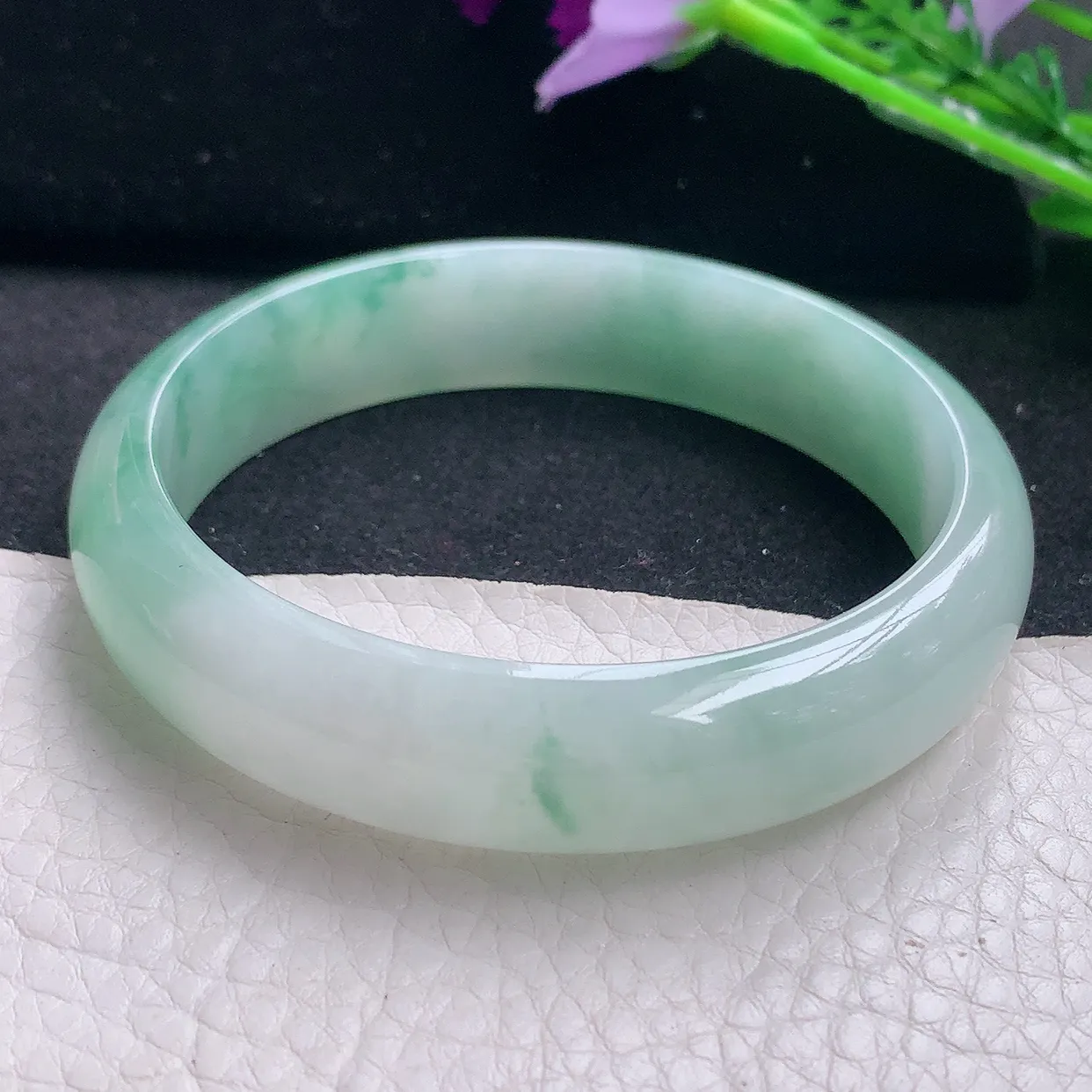 fy自然光59*14*7平安镯 缅甸翡翠a货玉手镯冰飘花宽边玉手环