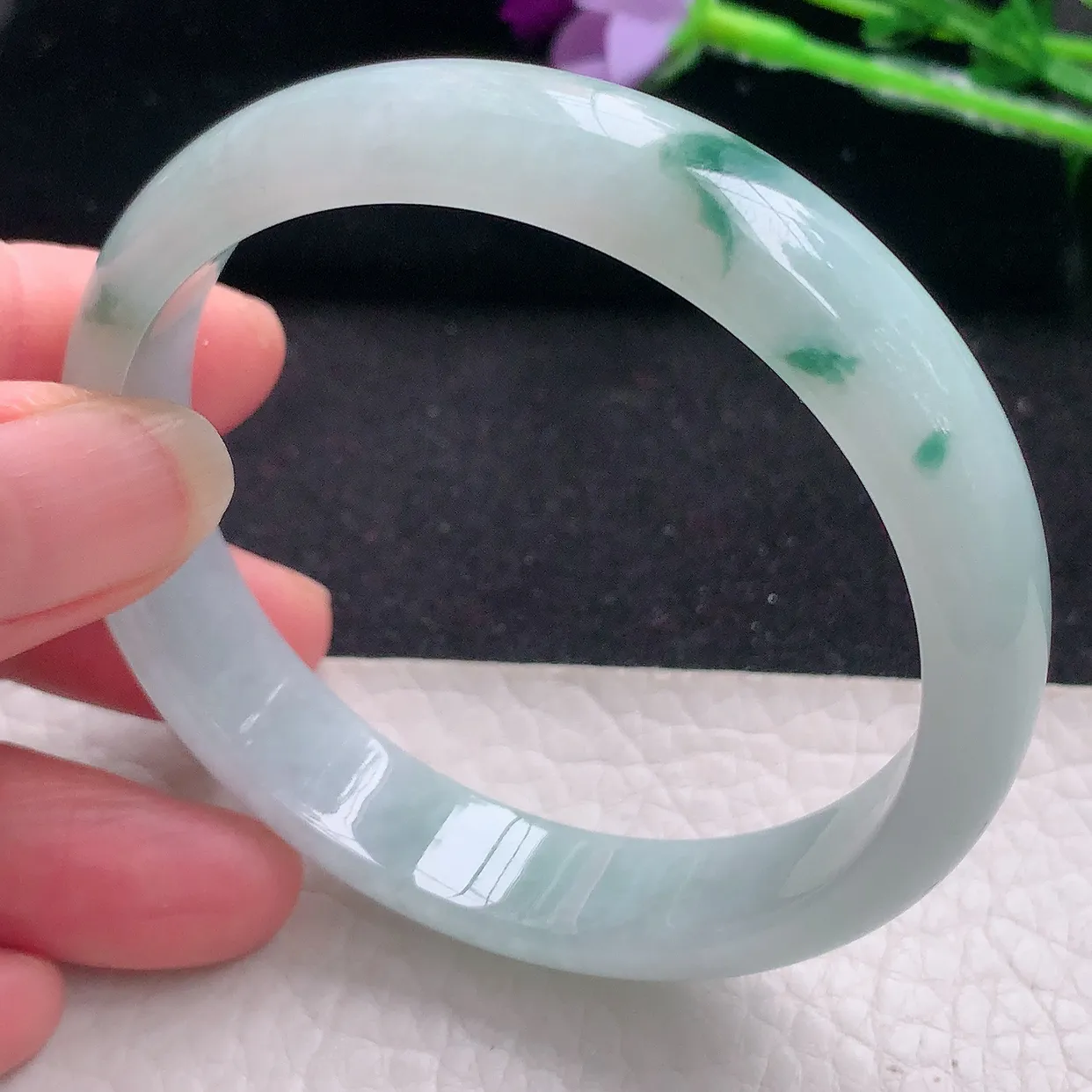 jm自然光56.7*12*6.3平安镯 缅甸翡翠A货飘花宽边玉手镯玉手环