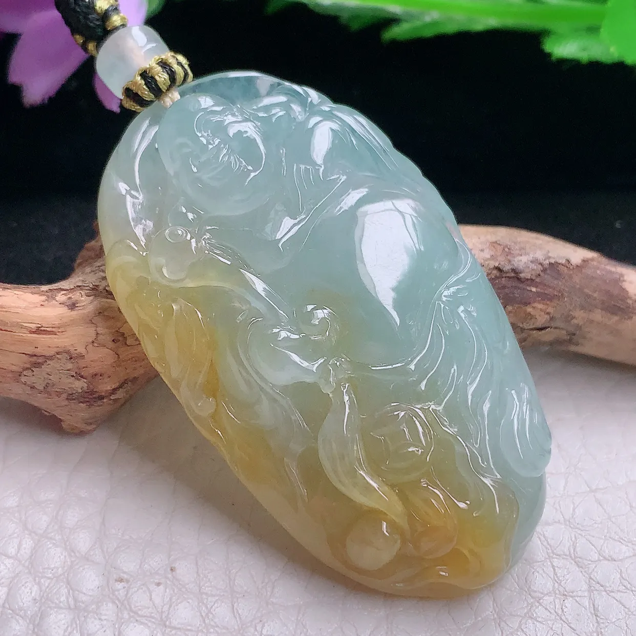 yl实拍51.2*30.3*9.2天然翡翠a货冰黄布袋佛吊坠冰透精雕大肚弥勒佛玉坠