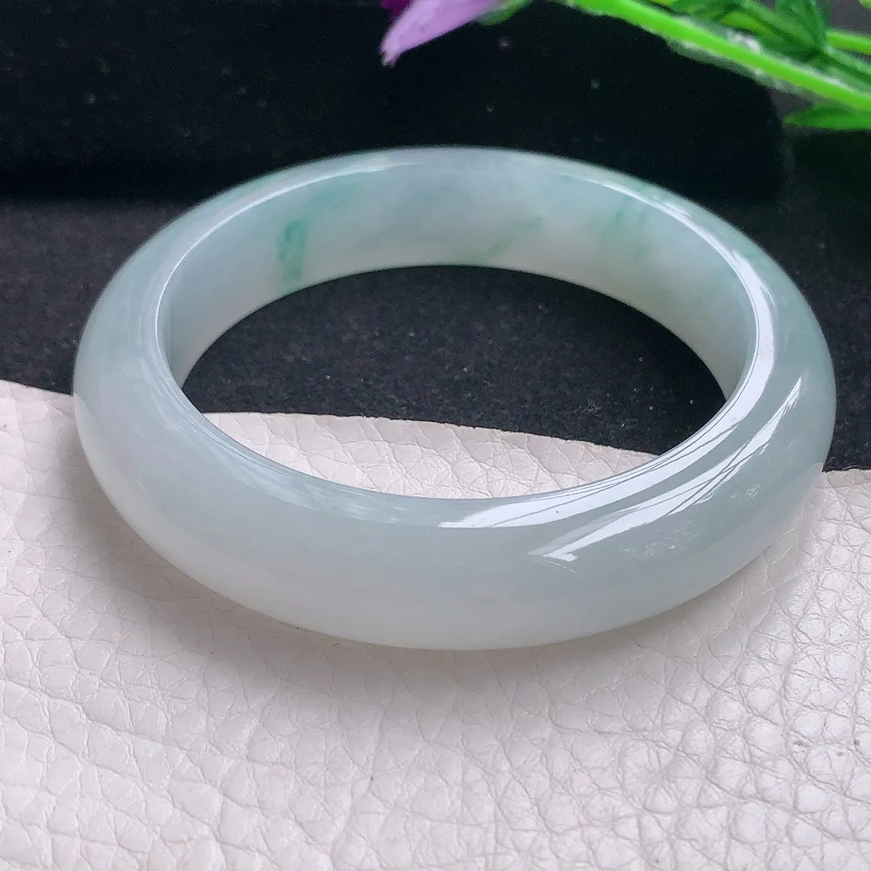 xo自然光54*12.8*9平安镯 缅甸翡翠A货冰飘花宽边玉手镯玉手环