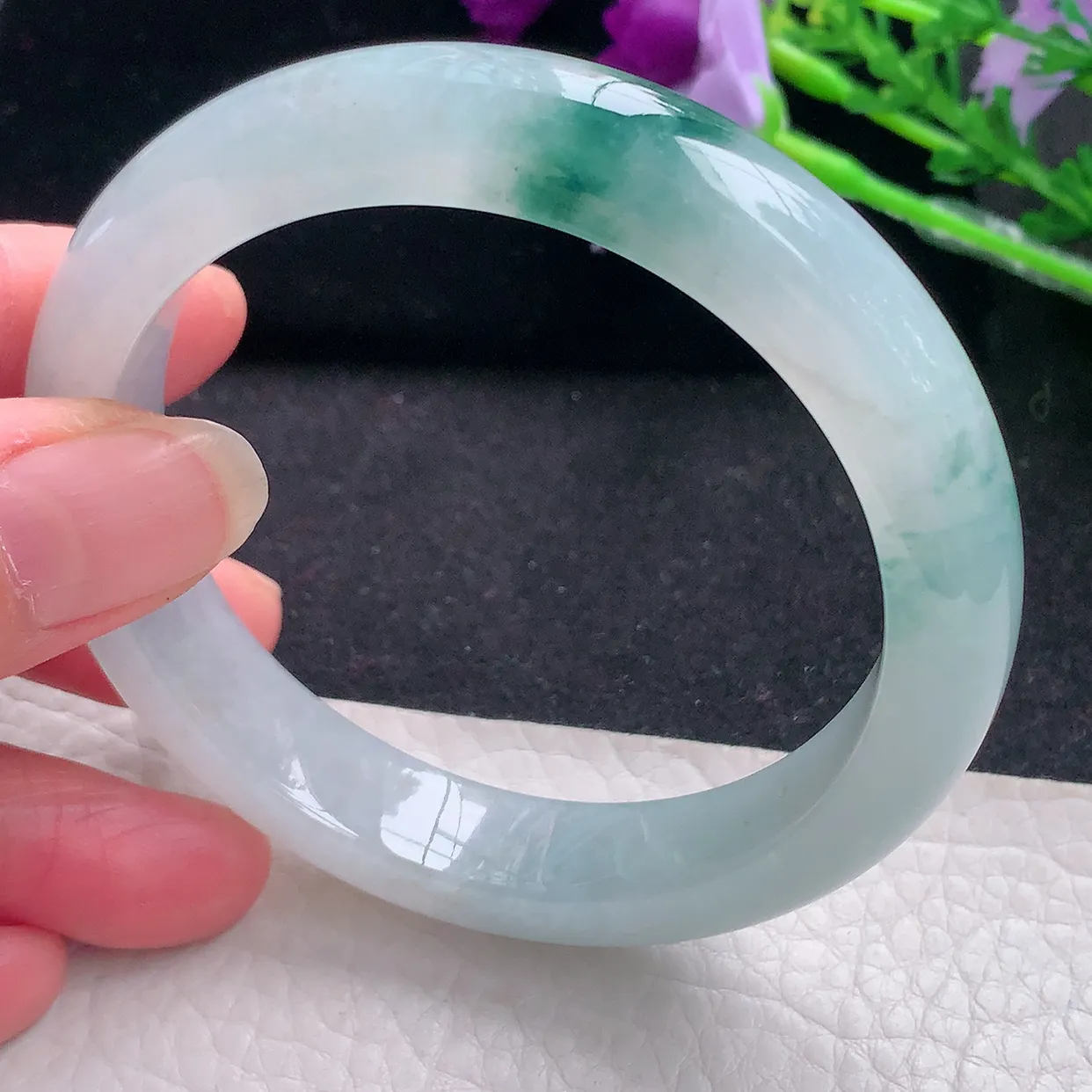 xd自然光57.5*12.5*8.5平安镯 缅甸翡翠a货玉手镯冰飘花宽边玉手环