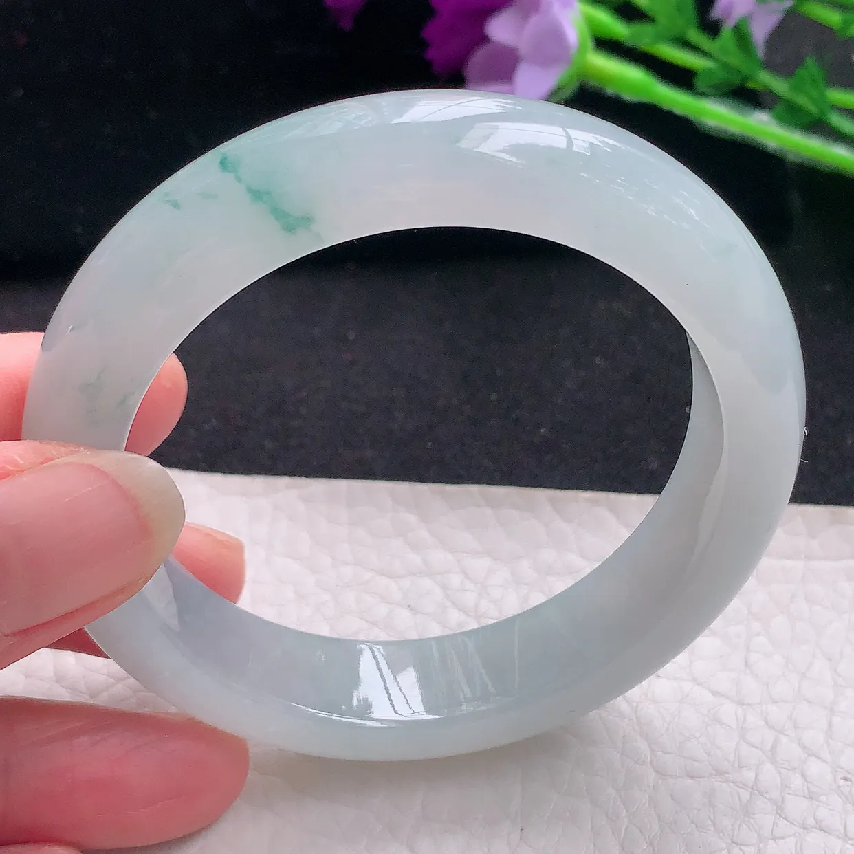 xo自然光54*12.8*9平安镯 缅甸翡翠A货冰飘花宽边玉手镯玉手环