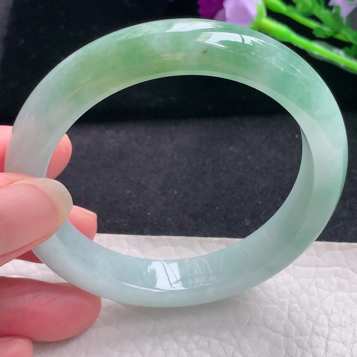 js自然光55*11*8.3平安镯 缅甸翡翠a货水润半山水宽边玉手镯玉手环